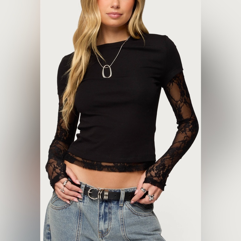 Edikted Layered Lace Sleeve T Shirt